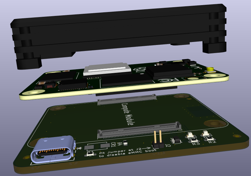 3d render of the LiM+ Board, CM4 and heatsink assemply